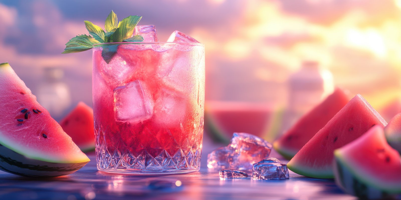 Refreshing watermelon drink served in a clear glass with ice and mint at sunset by the beach